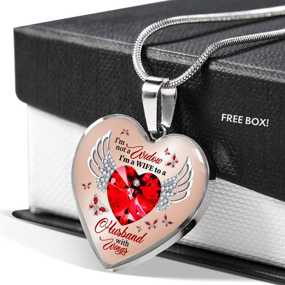 I'm Not A Widow I'm A Wife To A Husband With Wings Red Butterfly Heart Necklace - Husband Memorial Necklace - Heart Luxury Necklace (Silver)