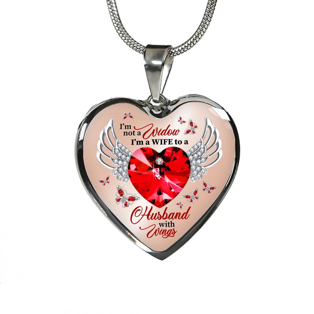 I'm Not A Widow I'm A Wife To A Husband With Wings Red Butterfly Heart Necklace - Husband Memorial Necklace - Heart Luxury Necklace (Silver)