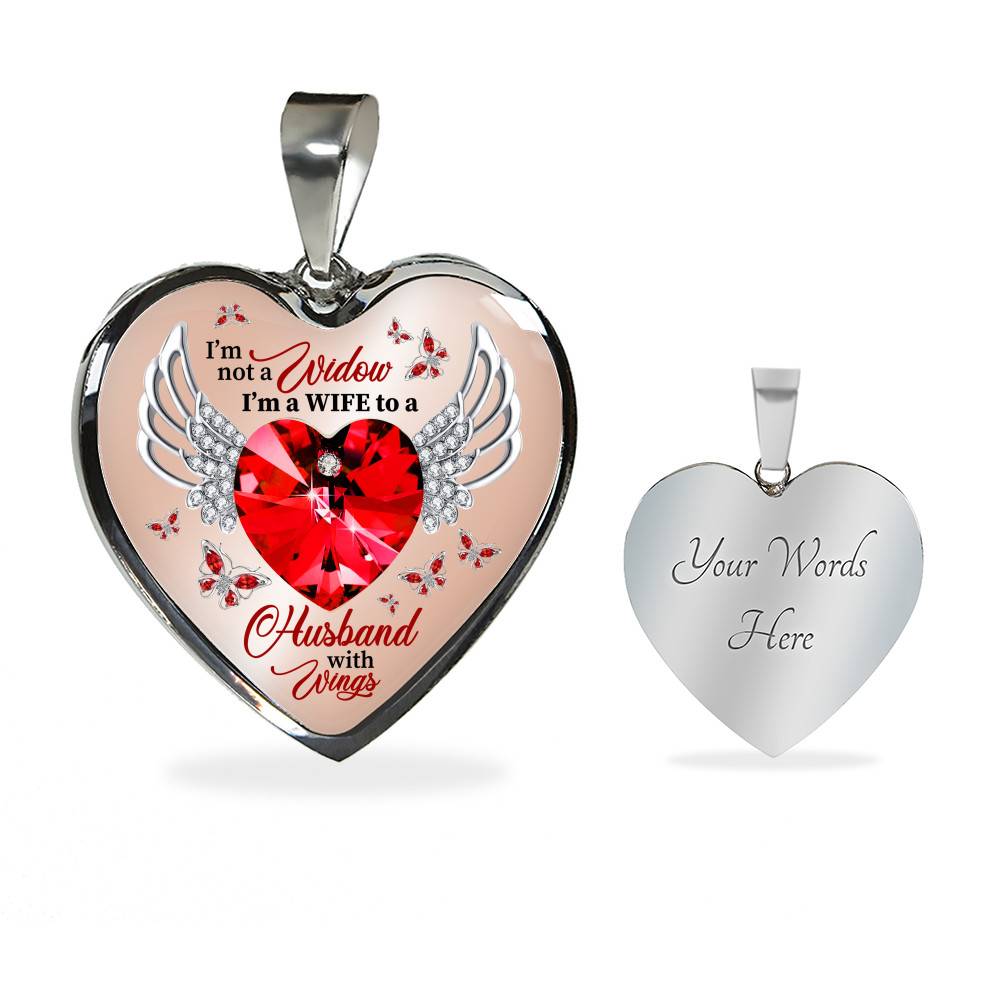 I'm Not A Widow I'm A Wife To A Husband With Wings Red Butterfly Heart Necklace - Husband Memorial Necklace - Heart Luxury Necklace (Silver)