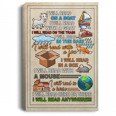 I Will Read On A Boat With A Goat At Here There Anywhere Canvas Poster - Fun Reading Bookworm Meme Wall Art, White, 0.75'' Framed Canvas