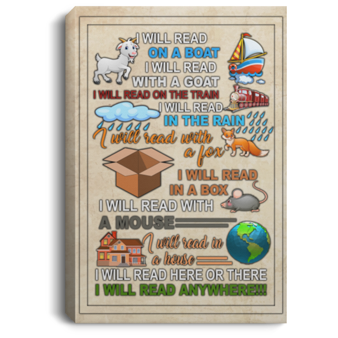 I Will Read On A Boat With A Goat At Here There Anywhere Canvas Poster - Fun Reading Bookworm Meme Wall Art, White, 0.75'' Framed Canvas