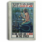 The Secret To A Well Balanced Life Is A Glass Of Wine And A Book Framed Canvas - Unframed Poster - Mermaid Drink Wine Read Book Home Decor, White, 0.75'' Framed Canvas