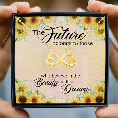 Alternative view of The Future Belongs To Those Who Believe In The Beauty Of Their Dreams Infinity Heart Pendant Necklace