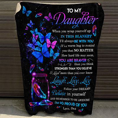 Alternative view of Feather Butterflies To My Daughter I'm So Proud of You Love Dad Fleece Blanket - Mink Blanket - Woven Blanket