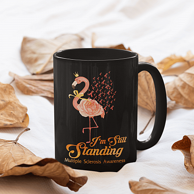 Alternative view of Im Still Standing Orange Flamingo Multiple Sclerosis Awareness Ceramic Coffee Mug - Water Bottle
