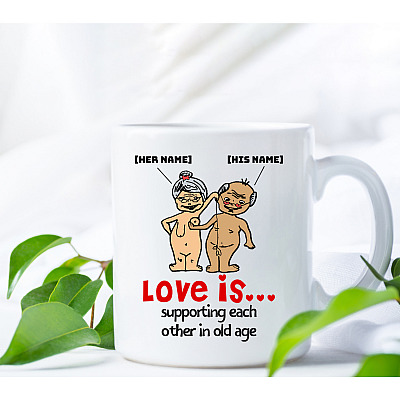 Alternative view of Personalized Love Is Supporting Each Other In Old Age Funny Old Couple Coffee Mug - Beer Stein - Water Bottle