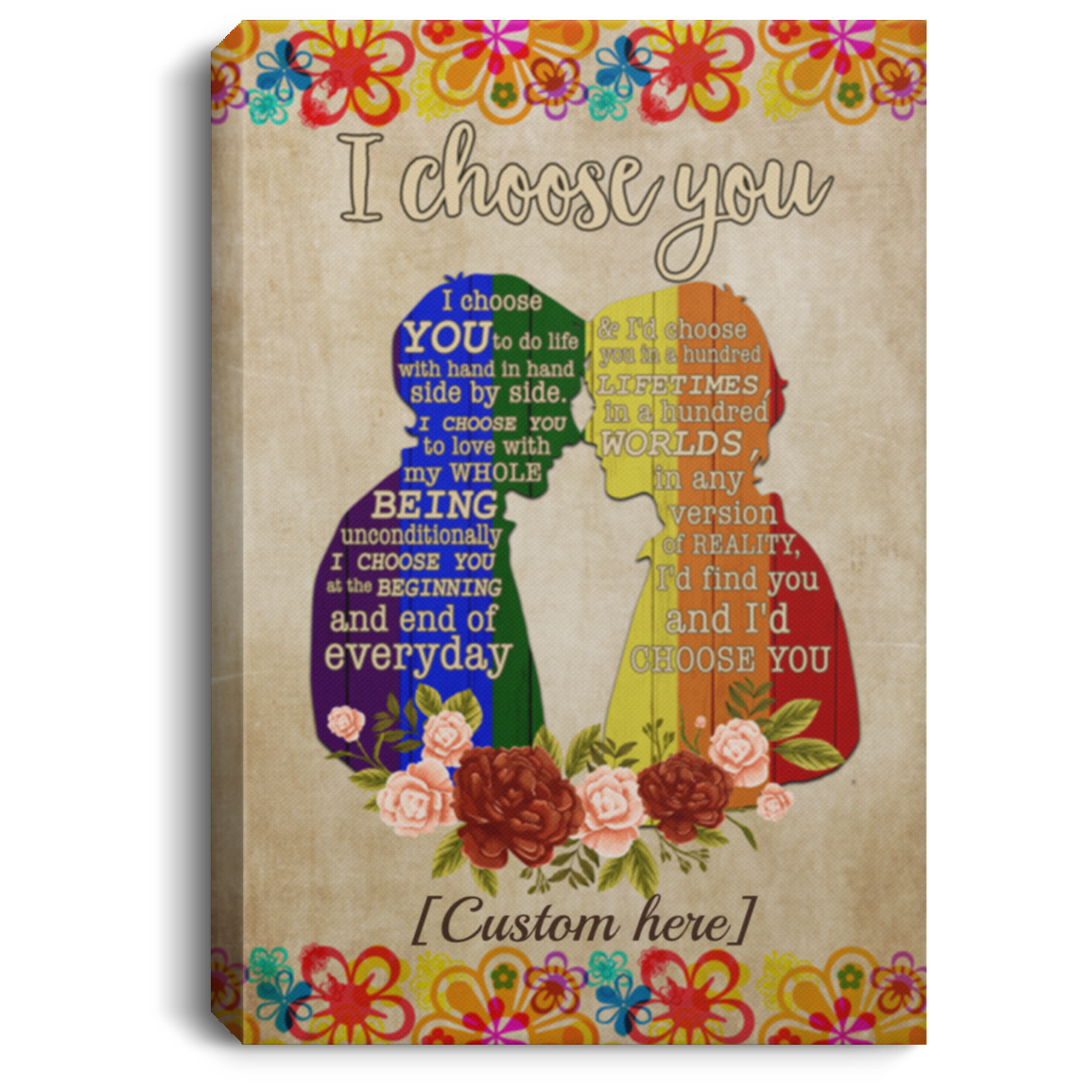 Personalized LGBT Gay Couple I Choose You to Do Life with Hand in Hand Gallery Wrapped Framed Canvas Prints - Unframed Poster - Home Decor Wall Art, White, 0.75'' Framed Canvas
