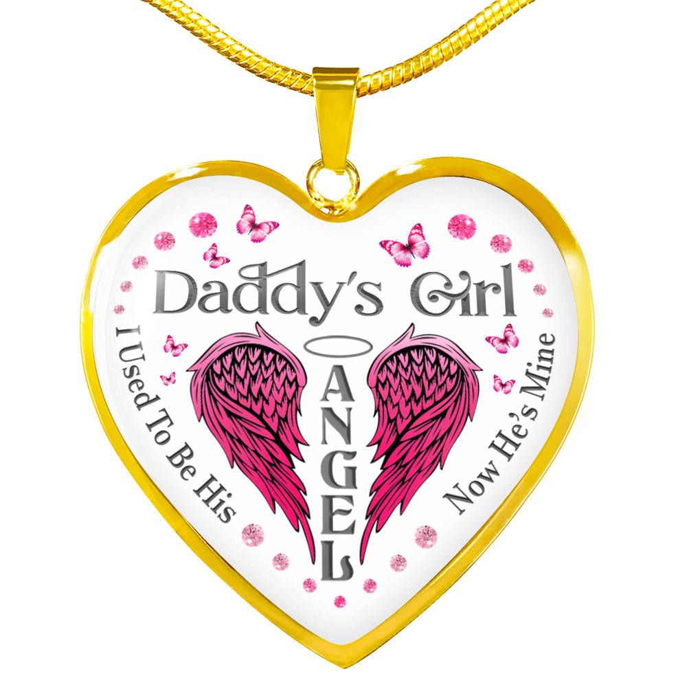 Daddy's Girl I Used To Be His Angel Now He's Is Mine Purple Butterfly Dad Memorial Heart Pendant Necklace - Heart Luxury Necklace (Gold Plated)