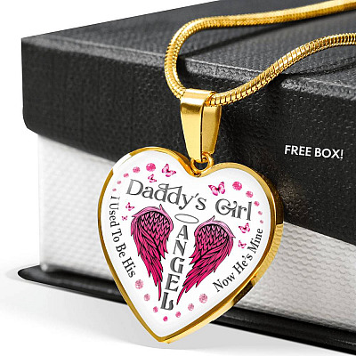 Daddy's Girl I Used To Be His Angel Now He's Is Mine Purple Butterfly Dad Memorial Heart Pendant Necklace - Heart Luxury Necklace (Gold Plated)