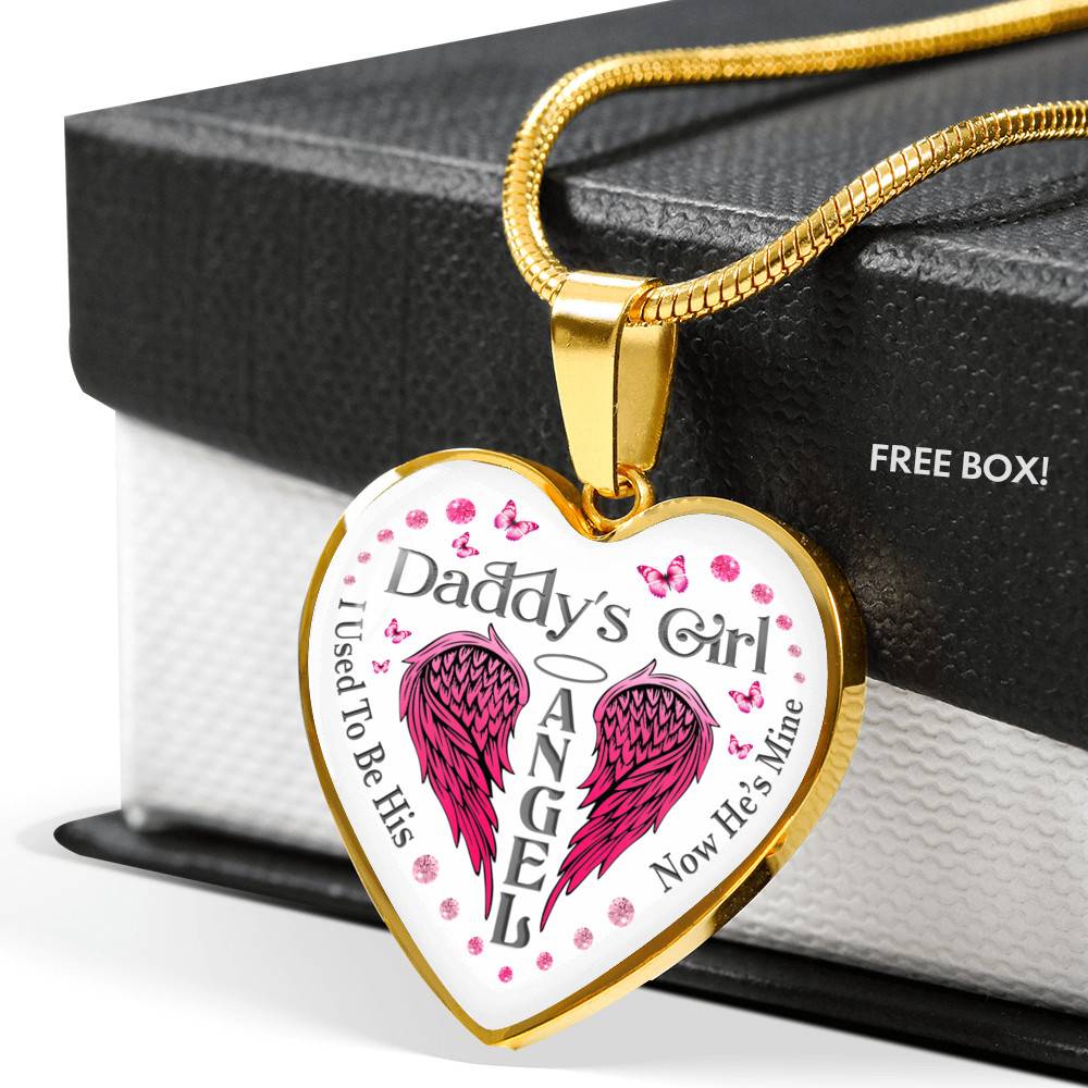 Daddy's Girl I Used To Be His Angel Now He's Is Mine Purple Butterfly Dad Memorial Heart Pendant Necklace - Heart Luxury Necklace (Gold Plated)