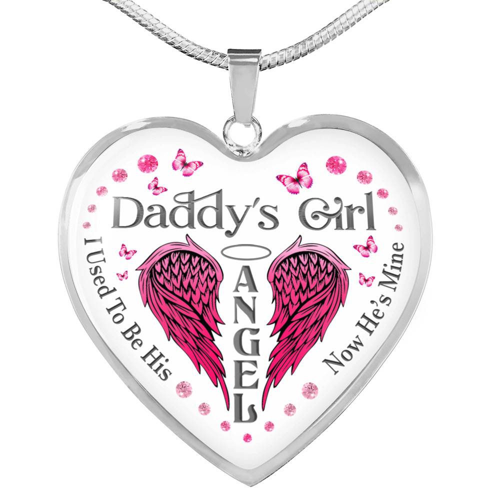 Daddy's Girl I Used To Be His Angel Now He's Is Mine Purple Butterfly Dad Memorial Heart Pendant Necklace - Heart Luxury Necklace (Silver)