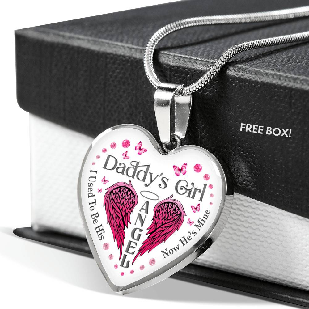 Daddy's Girl I Used To Be His Angel Now He's Is Mine Purple Butterfly Dad Memorial Heart Pendant Necklace - Heart Luxury Necklace (Silver)
