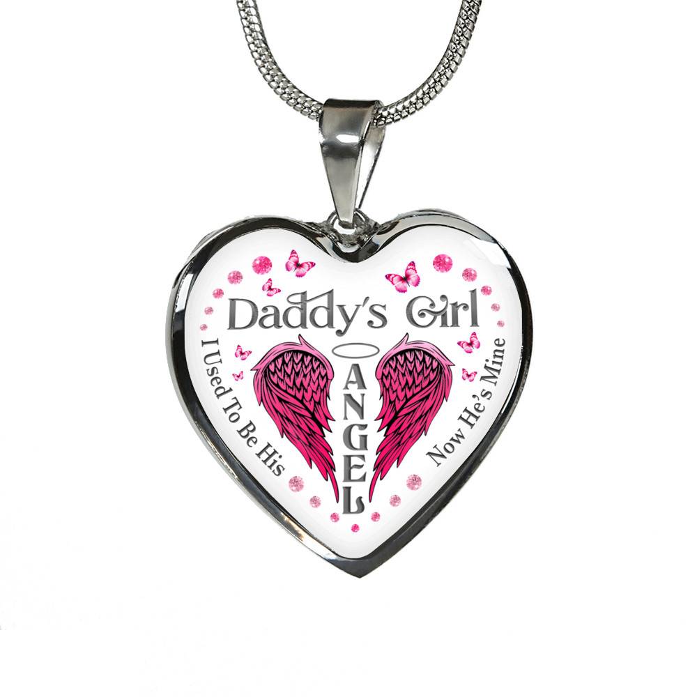 Daddy's Girl I Used To Be His Angel Now He's Is Mine Purple Butterfly Dad Memorial Heart Pendant Necklace - Heart Luxury Necklace (Silver)