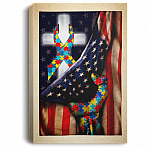 Christian Cross With Autism Ribbon Us Flag Gallery Wrapped Framed Canvas Prints - Unframed Poster, White, 0.75'' Framed Canvas