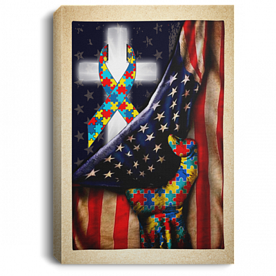 Christian Cross With Autism Ribbon Us Flag Gallery Wrapped Framed Canvas Prints - Unframed Poster, White, 0.75'' Framed Canvas