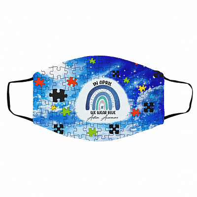 In April We Wear Blue Autism Aw, White, Cloth Face Cover – Medium/Large