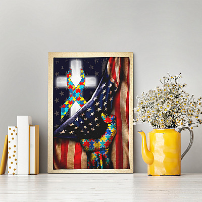 Alternative view of Christian Cross With Autism Ribbon Us Flag Gallery Wrapped Framed Canvas Prints - Unframed Poster