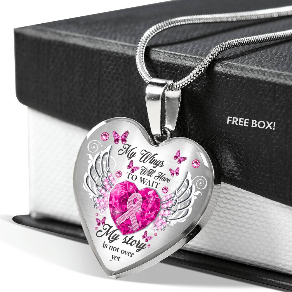 My Wings Will Have To Wait My Story Is Not Yes Butterfly Heart Pendant Necklace - Breast Cancer Survivor Necklace - Heart Luxury Necklace (Silver)