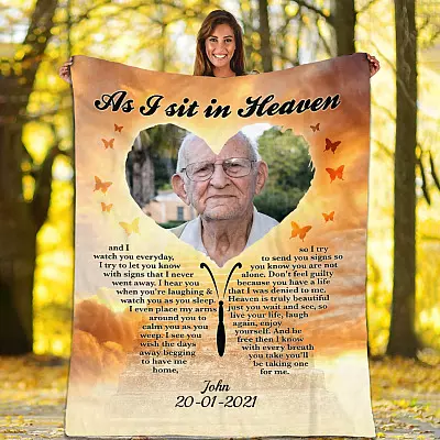 As I Sit In Heaven Personalized Photo Name Memorial Blanket - Memory Butterfly Custom Image With Name Blanket