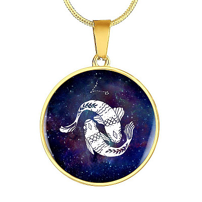 Pisces Zodiac Symbol Circle Pendant Necklace - 12 Zodiac Horoscope Jewelry - Circle Luxury Necklace (Gold Plated)
