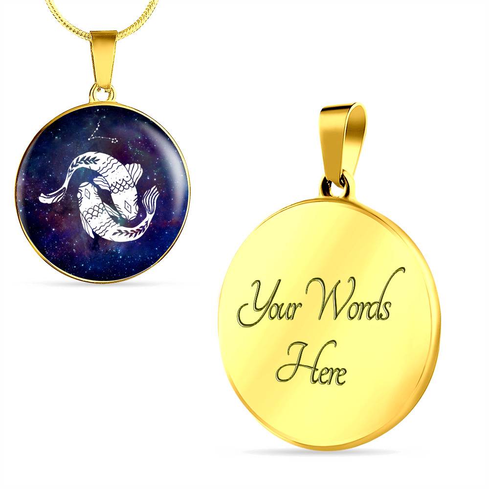 Pisces Zodiac Symbol Circle Pendant Necklace - 12 Zodiac Horoscope Jewelry - Circle Luxury Necklace (Gold Plated)