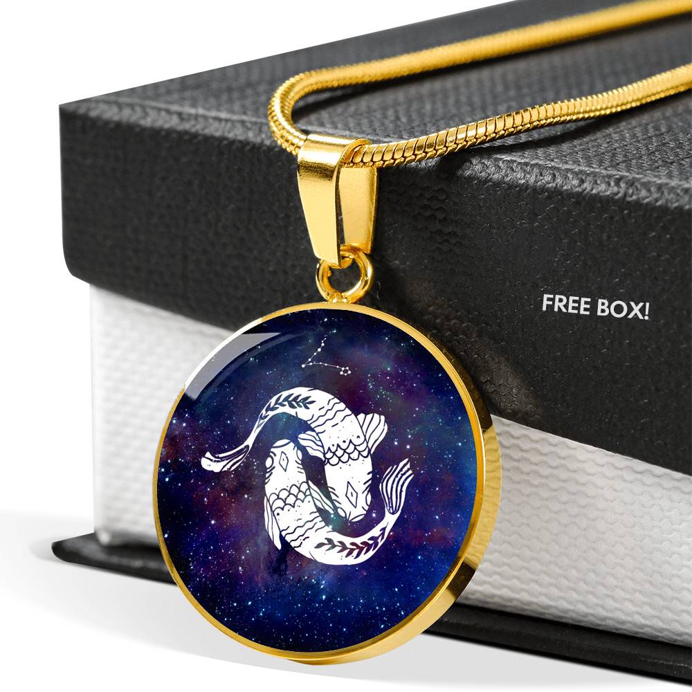 Pisces Zodiac Symbol Circle Pendant Necklace - 12 Zodiac Horoscope Jewelry - Circle Luxury Necklace (Gold Plated)