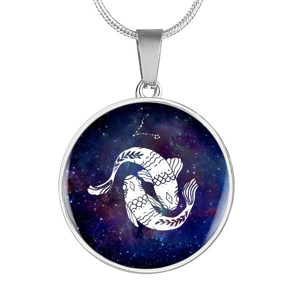 Pisces Zodiac Symbol Circle Pendant Necklace - 12 Zodiac Horoscope Jewelry - Circle Luxury Necklace (Silver)