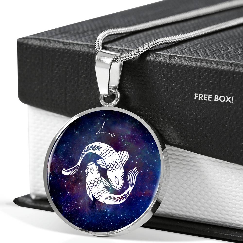 Pisces Zodiac Symbol Circle Pendant Necklace - 12 Zodiac Horoscope Jewelry - Circle Luxury Necklace (Silver)