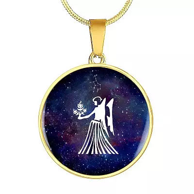 Virgo Zodiac Symbol Circle Pendant Necklace - 12 Zodiac Horoscope Jewelry - Circle Luxury Necklace (Gold Plated)