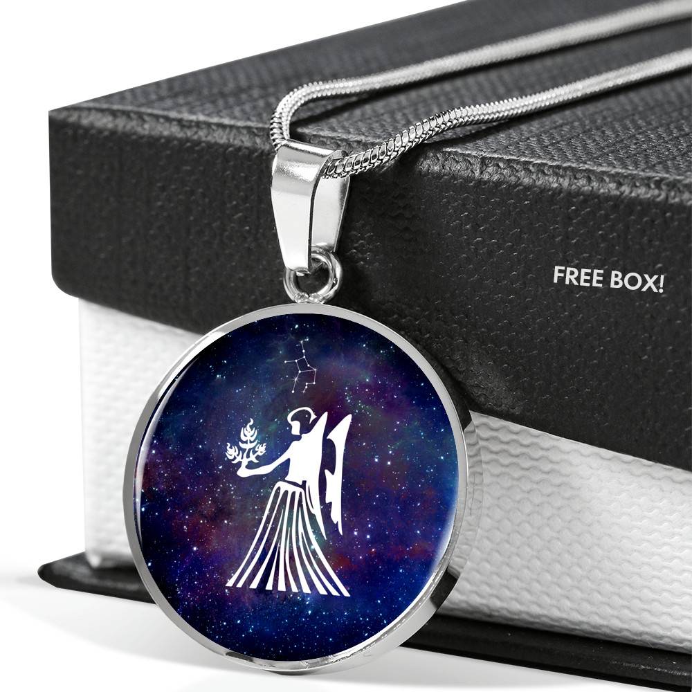 Virgo Zodiac Symbol Circle Pendant Necklace - 12 Zodiac Horoscope Jewelry - Circle Luxury Necklace (Silver)