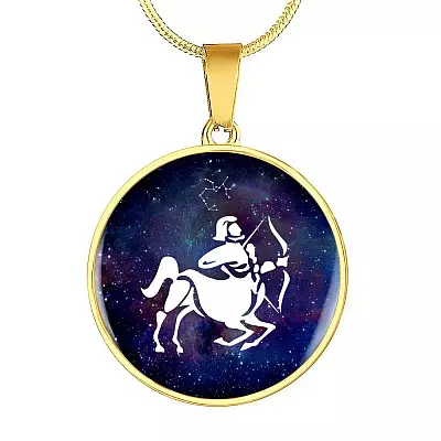 Sagittarius Zodiac Symbol Circle Pendant Necklace - 12 Zodiac Horoscope Jewelry - Circle Luxury Necklace (Gold Plated)
