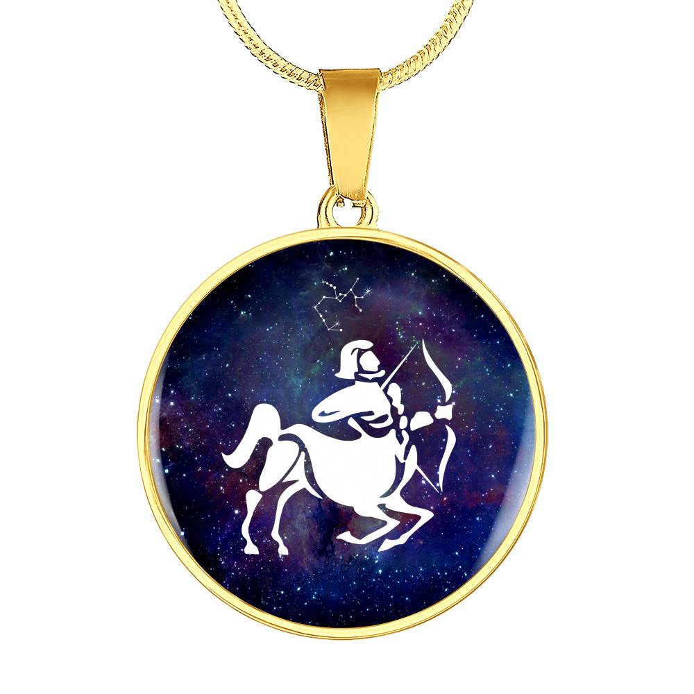 Sagittarius Zodiac Symbol Circle Pendant Necklace - 12 Zodiac Horoscope Jewelry - Circle Luxury Necklace (Gold Plated)