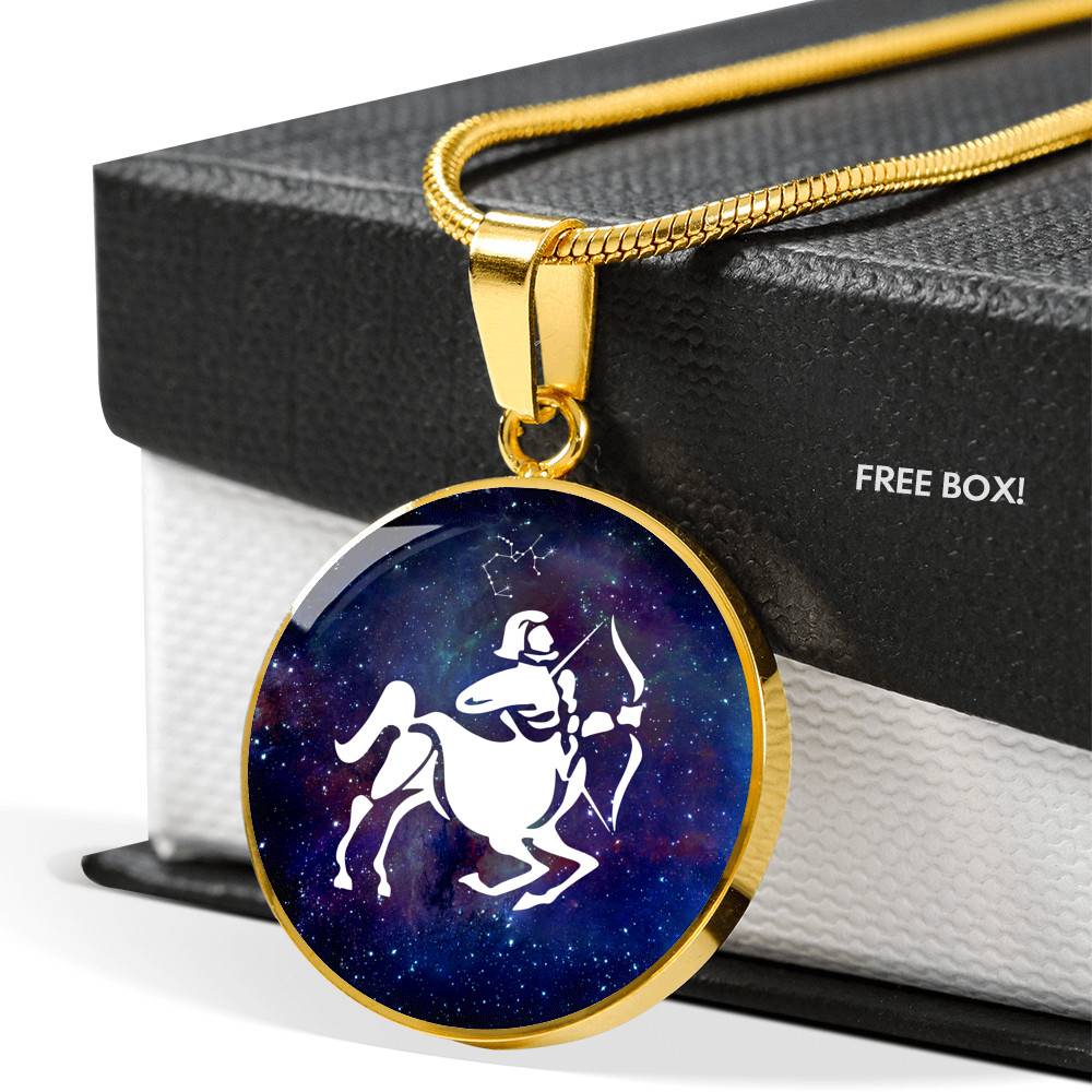 Sagittarius Zodiac Symbol Circle Pendant Necklace - 12 Zodiac Horoscope Jewelry - Circle Luxury Necklace (Gold Plated)