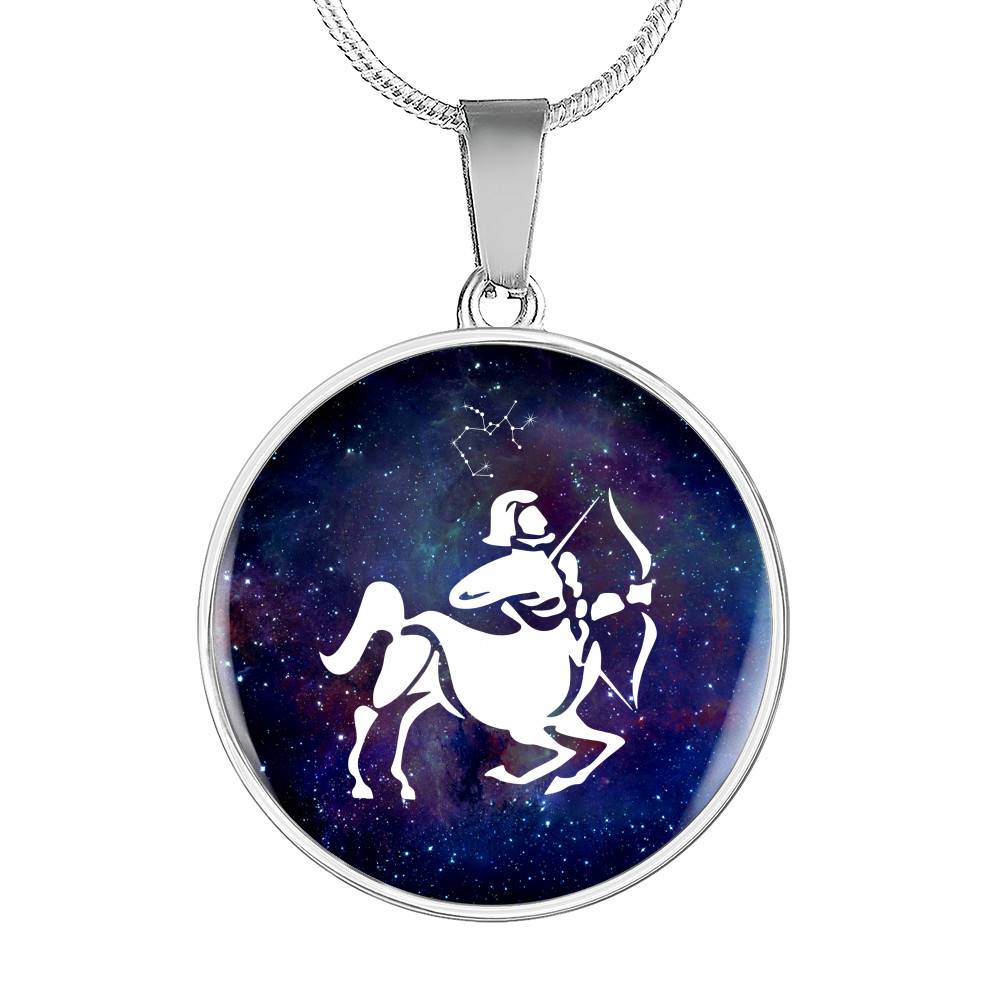 Sagittarius Zodiac Symbol Circle Pendant Necklace - 12 Zodiac Horoscope Jewelry - Circle Luxury Necklace (Silver)