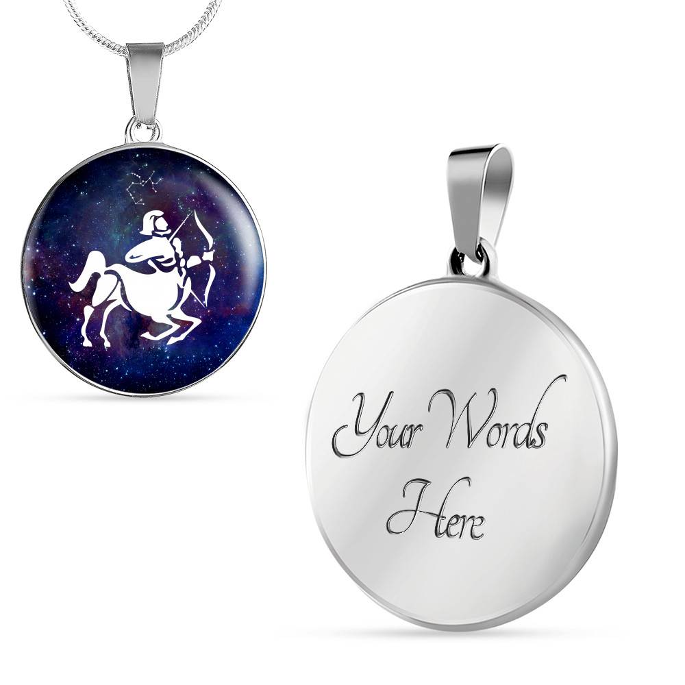 Sagittarius Zodiac Symbol Circle Pendant Necklace - 12 Zodiac Horoscope Jewelry - Circle Luxury Necklace (Silver)