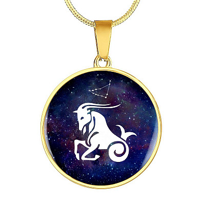 Capricorn Zodiac Symbol Circle Pendant Necklace - 12 Zodiac Horoscope Jewelry - Circle Luxury Necklace (Gold Plated)