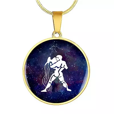 Aquarius Zodiac Symbol Circle Pendant Necklace - 12 Zodiac Horoscope Jewelry - Circle Luxury Necklace (Gold Plated)
