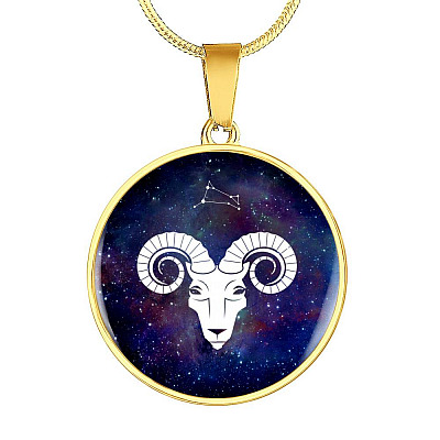 Aries Zodiac Symbol Circle Pendant Necklace - 12 Zodiac Horoscope Jewelry - Circle Luxury Necklace (Gold Plated)