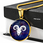 Aries Zodiac Symbol Circle Pendant Necklace - 12 Zodiac Horoscope Jewelry - Circle Luxury Necklace (Gold Plated)