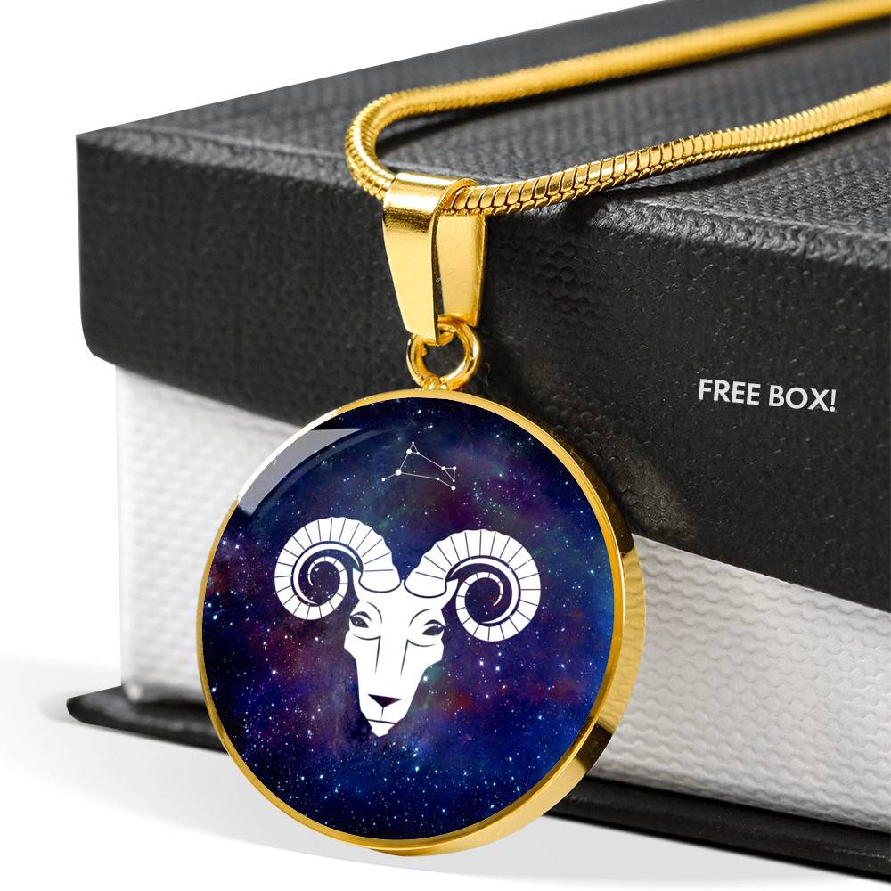 Aries Zodiac Symbol Circle Pendant Necklace - 12 Zodiac Horoscope Jewelry - Circle Luxury Necklace (Gold Plated)