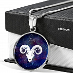 Aries Zodiac Symbol Circle Pendant Necklace - 12 Zodiac Horoscope Jewelry - Circle Luxury Necklace (Silver)