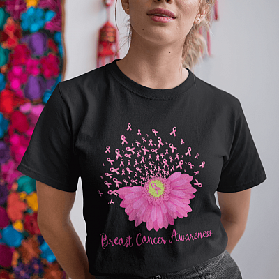 Alternative view of Pink Daisy I Wear Pink Breast Cancer Awareness T-Shirt - V-Neck Tee - Youth Tee
