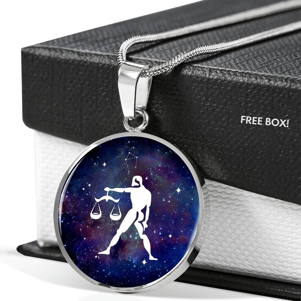 Libra Zodiac Symbol Circle Pendant Necklace - 12 Zodiac Horoscope Jewelry - Circle Luxury Necklace (Silver)