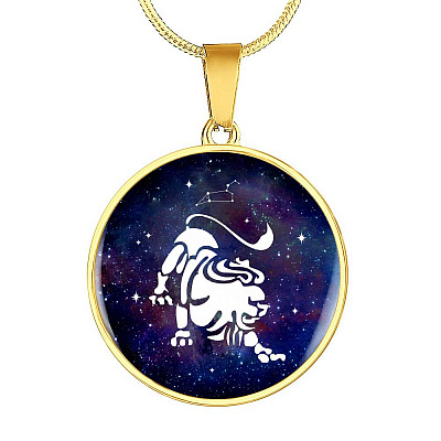 Leo Zodiac Symbol Circle Pendant Necklace - 12 Zodiac Horoscope Jewelry - Circle Luxury Necklace (Gold Plated)