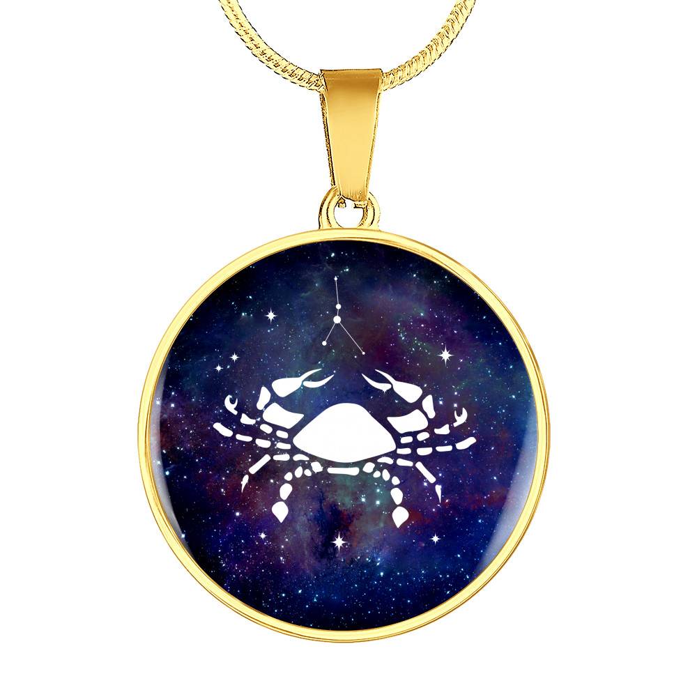 Cancer Zodiac Symbol Circle Pendant Necklace - 12 Zodiac Horoscope Jewelry - Circle Luxury Necklace (Gold Plated)