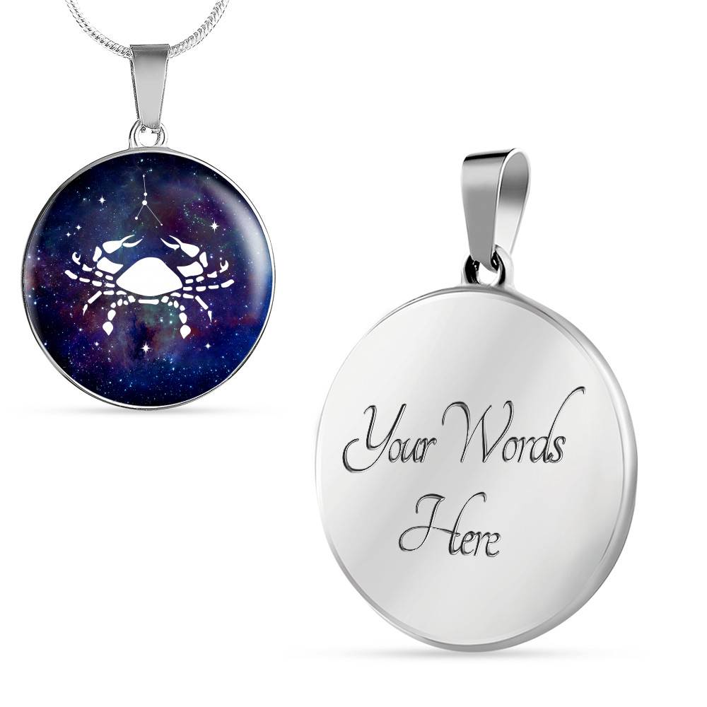 Cancer Zodiac Symbol Circle Pendant Necklace - 12 Zodiac Horoscope Jewelry - Circle Luxury Necklace (Silver)