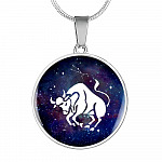 Taurus Zodiac Symbol Circle Pendant Necklace - 12 Zodiac Horoscope Jewelry - Circle Luxury Necklace (Silver)