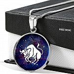 Taurus Zodiac Symbol Circle Pendant Necklace - 12 Zodiac Horoscope Jewelry - Circle Luxury Necklace (Silver)