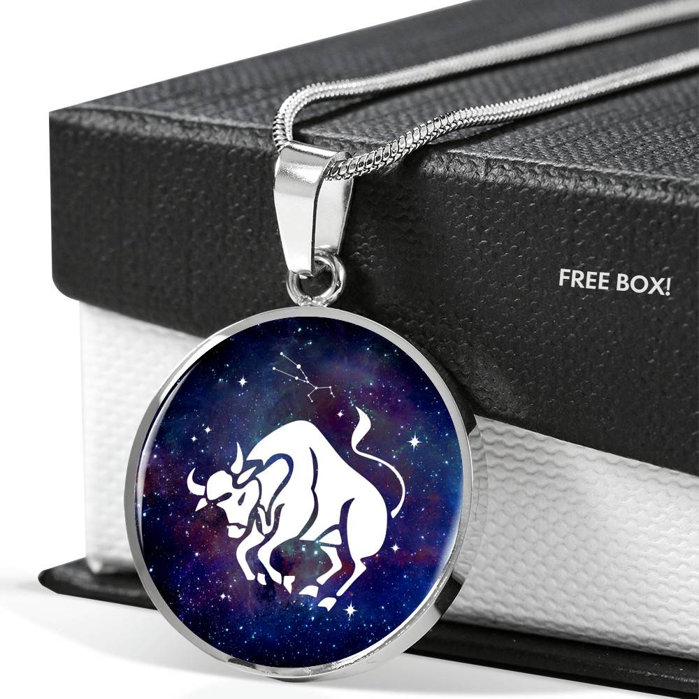 Taurus Zodiac Symbol Circle Pendant Necklace - 12 Zodiac Horoscope Jewelry - Circle Luxury Necklace (Silver)