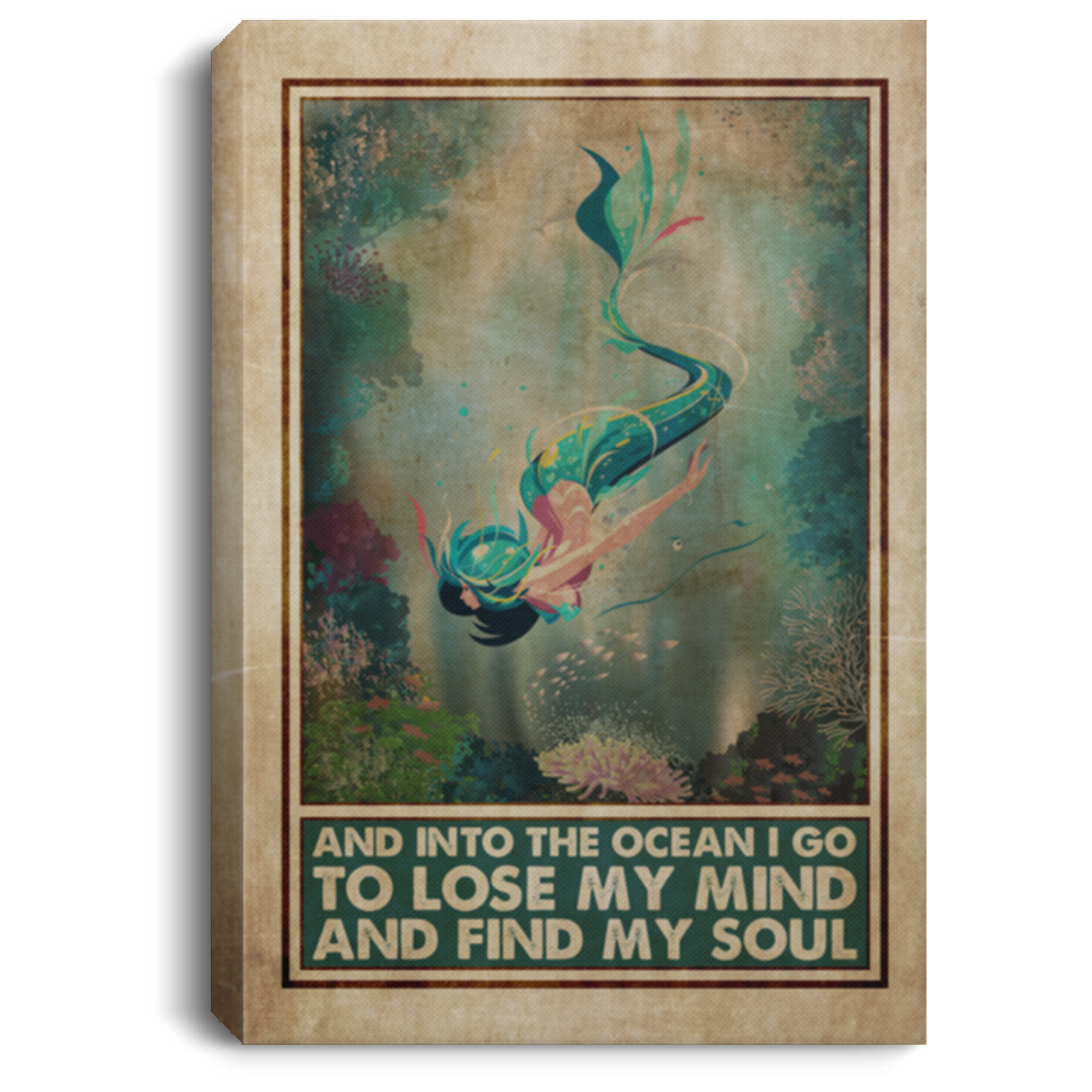 Vintage and into the Ocean I Go to Lose My Mind and Find My Soul Wrapped Framed Canvas Prints - Unframed Poster, White, 0.75'' Framed Canvas